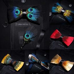 Neck Ties KAMBERFT Brand Men Bow-tie Brooch Set Feather Style Leather Bow Tie Adjustable Formal Tie Bowtie Wedding Party Best Gift L240313