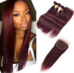 Burgundy Lace Closure With Bundles 4Pcs Lot 99J Wine Red Middle3 Part 4x4039039 Closure With Malaysian Silky Straight2055725