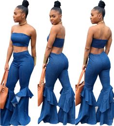 Denim Two Piece Set Summer Strapless Crop Top and Bell Bottom Jeans Flare Pants Suit Matching Sets Outfits Sexy Tracksuit LJJA26076853040