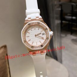 Orologio da donna 37mm Quarzo Tempo di viaggio Intarsio 32 pezzi Diamond Girl Orologi 15500ST Cinturino in silicone Superficie a specchio zaffiro