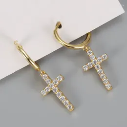 Dangle Earrings Fashion Cross Full White CZ Zircon Men Women Hip Hop Jewellery Silver Colour Crystal Iced Out Earring