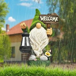 Sculptures Art Craft for Home Garden Flocked Garden Gnome Decorations with Solar Lights Resin Cartoon Gnome with Lantern Ornament Lamps