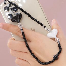 Link Bracelets Go2Boho Acrylic Heart Charm Phone Straps Black Beaded Mobile Chain Telephone Cord Jewellery For Women Portable Anti-lost