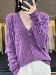 Women's Knits Addonee Twist Flower V-neck Cardigan Spring Autumn Preppy Style Coat Merino Wool Knitted Sweater Korean