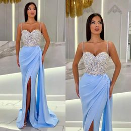 Baby blue mermaid prom dress beads top straps formal evening dresses elegant dresses for special occasions pleats robe de soiree