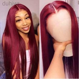 Synthetic Wigs Soft Preplucked Dark Wine Red 26Inch Straight Lace Front Wig Synthetic 99J Burgundy Hair Glueless Wear Wig ldd240313