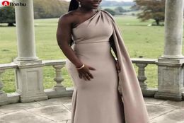 2022 Sexy Champagne Nude Mermaid Bridesmaid Dresses For Weddings With Cape African One Shoulder Plus Size Party Sweep Train Maid o4555348