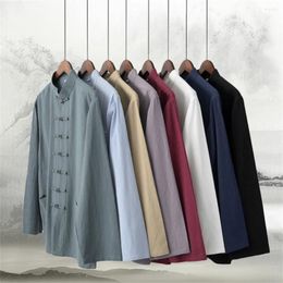 Ethnic Clothing 1pcs Cotton Linen Retro Men's Chinese Traditional Hanfu Shirt Solid Color Casual Uniforms Long Sleeve Tai Chi Tang