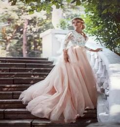 Western Country Garden Long Sleeves Wedding Dresses Backless Deep V Neck Lace Blush Tulle Chapel Train ALine 2017 Plus Size Brida9215689