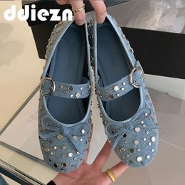 Luxury Footwear Ballet Flats Women Lolita Rivet Shoes Fashion Denim Female Butterfly-Knot Ladies Dance Flats Shoes 240219