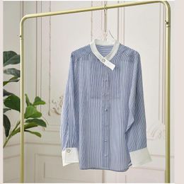 Women's T Shirts 2024 Blue White Striped Mulberry Silk Top Long Sleeved Loose And Fresh Printed Shirt Spring Autumn