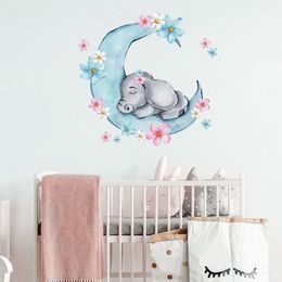 Watercolor Sleeping Baby Elephant on the Moon Wall Stickers With Flowers for Kids Room Baby Nursery Room Wall Decals PVC334B