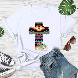 Women's T Shirts Easter Women Tee T-Shirts O-Neck Multicolor Cross Printing Short Sleeve Slim Y2k Top Basic Tops Adult Spring Clothes Wear
