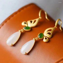 Dangle Earrings Hetian Jade Butterfly Elegant Women's S925 Sterling Silver Jasper White Water Drop Long