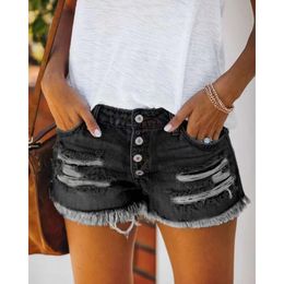 Designer women's fashionable casual denim shorts Summer Trendy Womens Broken Tassel Denim Straight breasted Shorts Womens Hot Pants european style mini shortsB04Y