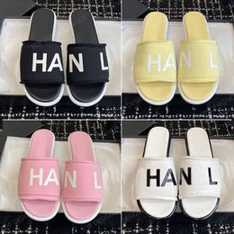 Top quality Cotton Fabric letter slippers slides Flat Beach sandal Vacation shoes slip on Luxury designer Flat slides for womens Factory footwear Pink purple green