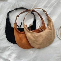 HBP Non-Brand Pure color fashion PU leather stitching furry bag curved moon shape Womens handbag imitation suede soft ladies shoulder