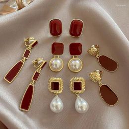 Backs Earrings Fashion Geometric Red Enamel Clip On For Women Female Statement Vintage Fake Without Hole Pearl Earring Jewellery Gift