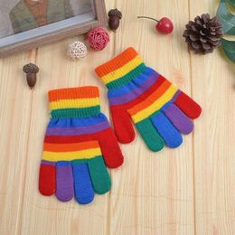 Kids Winter Knitted Full Half Finger Gloves Rainbow Colorful Striped Boys Girls Harajuku Outdoor Windproof Mittens 5-15T226m