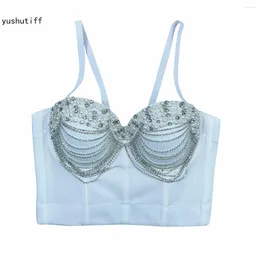 Women's Tanks Crop Top Fashion Night Out Rhinestone Pearl Corset Bra Coquette Clothing Rave Bustier Female Summer Party Sleeveless Vests