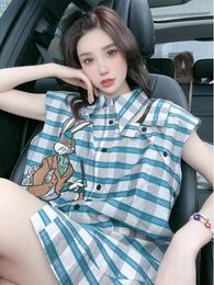 Women's Blouses Summer Blue Sleeveless Plaid Shirt Women Top Polo Neck Cartoon Print Sweetheart Blouse Stripe Loose Clothing