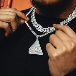 Hip Hop Full Miami Bling CZ Triangle Egyptian Pyramid Iced Out Pendants For Women Men Illuminati Jewellery Charm Cz Tennis Chain 240311