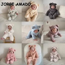 Korean Style Winter Clothes Baby Boy Girl Romper Grey Green Purple Pink Yellow Beige Long Sleeves JumpsuitCap E2292 240301