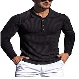 2024 mens casual Solid striped long sleeve Polo shirt Spring and Autumn lapel Button T-shirt top golf men street wear S-3XL 240313