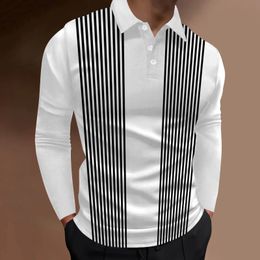 Spring/summer mens long-sleeved POLO Shirt Striped lapel T-shirt Fashion striped party mens casual High street top S-3XL 240313