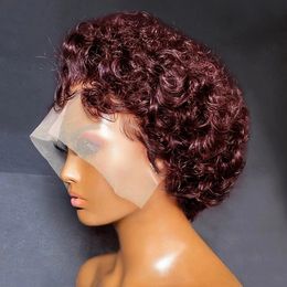 99J Burgundy Highlight Honey Coloured Short Curly Pixie Cut Lace Wig Pre Plucked Bob Wig 13x2 Lace Front Curly Human Hair Wigs