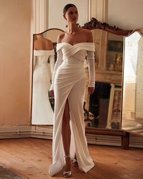 Off the Shoulder Mermaid Wedding Dresses Full Sleeves Glitter Tulle Stain Bridal Gowns with High Slit Noble Dress Vestidos De Novia