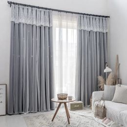 Curtains MIDSUM Double Layer Curtains Living Room Solid Color Stars Hollow Drapes Tulle Decor Window Grommet Top Blackout Curtain Bedroom