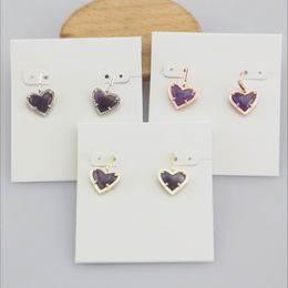 Dangle & Chandelier Hook Stone Real 18K Gold Plated Heart Purple quartz Dangles Earrings Jewelries Letter Gift With free dust bag