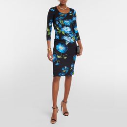 Womens Dress European Fashion brand silk black hyacinth print gathered waist 3/4 slleve midi dress