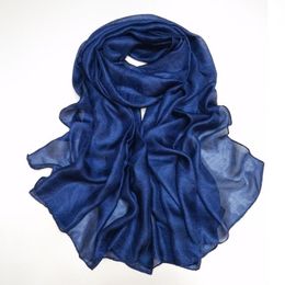 New Fashion Plain Navy Blue Silk Scarf Women 100% Natural Linen Soft Hijabs and Shawls Wrap Foulards Muslim Snood 180 90Cm Y201007297Z