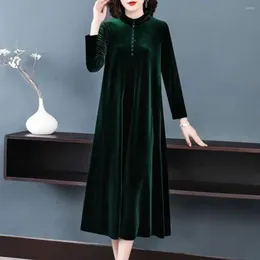 Casual Dresses Mid-calf Length Mother Dress Button Pure Color Elegant Loose Hem Lady Spring Garment