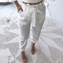 Women's Pants Cotton Embroidered Hollow Hole Ruffle Waist Petite Trousers For Women Fashion Elegant Casual Solid High Nine-Point