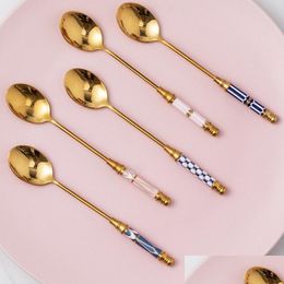 Spoons Stainless Steel Coffee Stirring Spoon Flatware Ceramic Long Handle Vacuum Plating Ice Cream Teaspoon Gold-Plated Dessert Drop D Dhhwr