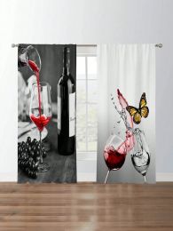 Curtains 2Pcs Red Rose Wine Printed Curtains Simple Elegant Floral Romantic Window Curtains for Kitchen, Bedroom and Living Room