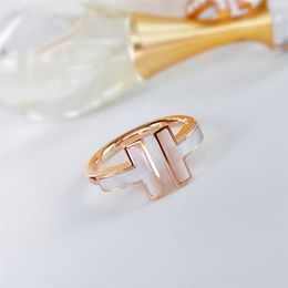 Designer white Fritillaria ring natural stone double t open S925 silver plated rough t-ring for women