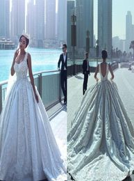 2019 Vintage Arabic Dubai Style Long Lace Appliqued Wedding Dress Ball Gown Luxury Backless Square Neck Bridal Gown Custom Made Pl8265074