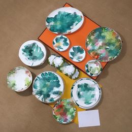 Designer Tableware Sets Forest Series 28-pieces Flower and Leaves Pattern Bowls and Plates Set with Box