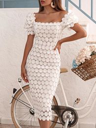 White floral embroidered dress for womens summer puff dress lace long dress for womens elegant hollow slim party dress 240313