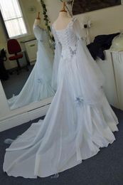 Vintage Gothic Wedding Dresses White and Pale Blue Colorful Medieval Bridal Gowns Scoop Neckline Corset Long Bell Sleeves Applique4928640