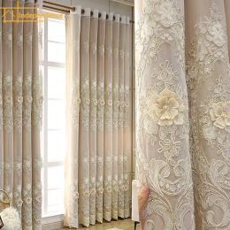 Curtains 3D Embroidery Lace Window Screen Gold Highprecision Curtains Living Room Bedroom Customised Balcony Bay Window White Tulle