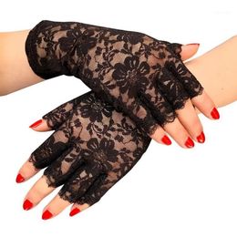 Five Fingers Gloves Women Summer Sexy Black Hollow Lace Sunscreen Breathable Thin Half Finger Prom Decoration Etiquette Pole Dance2791