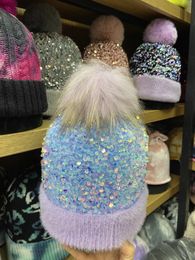 Winter Womens Hat Knitted Girls Colourful Sequins Beanies Pompom Ball Warm Hats Female Skullies Ladies Bonnet 240227