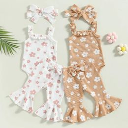 Clothing Sets Baby Girls Summer Outfit Sleeveless Floral Sling Romper Bowknot Flared Pants Headband