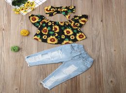 Pudcoco Toddler Baby Girl Clothes Off Shoulder Sunflower Print Tops Ripped Denim Pants Headband 3Pcs Outfits Summer Clothes Y200824346835