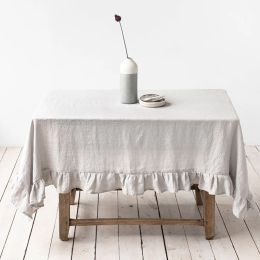 Pads 100% Pure Linen Ruffles Table Cover,Natural Fabric Flounce Tablecloth,for Kitchen Dining Party Holiday Fishtail Tabletop Decor